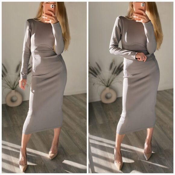 RARE ZARA Mid-Gray Neoprene Effect Midi Dress - Picture 1 of 6